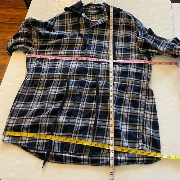 Norma Kamali Flannel Hoodie Shirt Womens Medium Black Plaid Hooded Tunic Top - Picture 11 of 12
